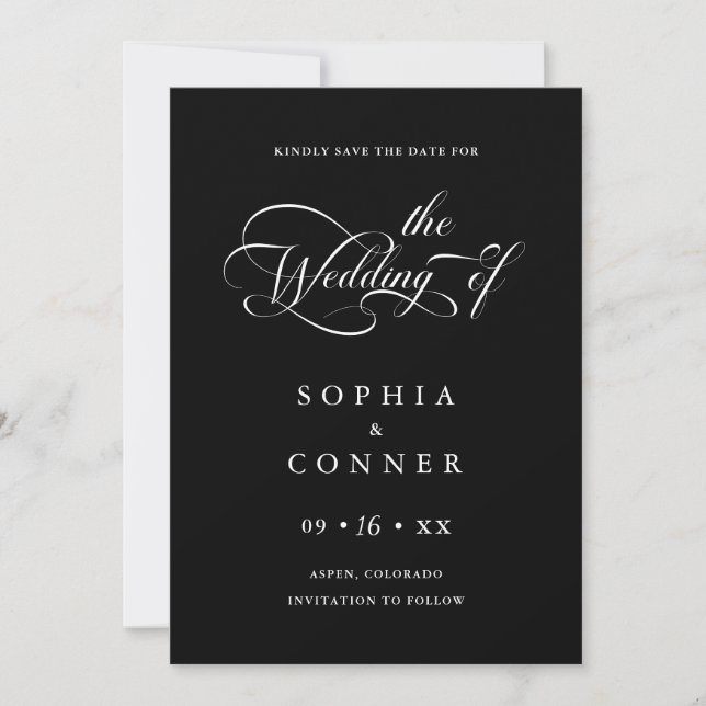 Save The Date Charme élégant Script Mariage photo noir (Devant)
