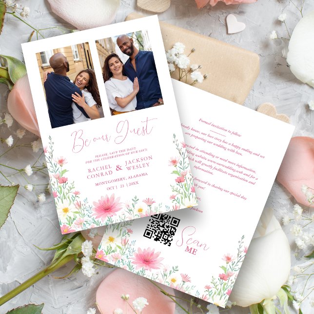 Save The Date Charming Delicate Pink Shades Wildflowers 2 Photos (Charming Delicate Pink Shades Wildflowers 2 Photos Collage Wedding Save the Date Card with Envelope.)