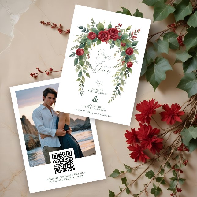 Save The Date Charming Exquisite Burgundy Roses & Leaves Garland (Charming Exquisite Burgundy Roses & Leaves Garland Wedding Save the Dates Cards with Photo.)