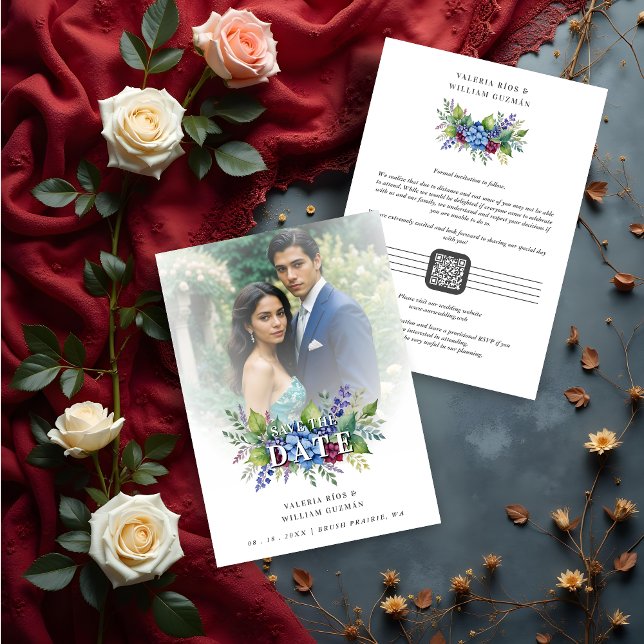 Save The Date Charming Romantic Floral & Transparency Overlay (Charming Romantic Floral & Transparency Overlay Wedding Save the Date Cards with Photo and QR Code.)