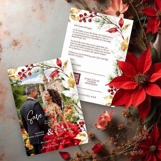 Save The Date Charming Winter Christmas Botanical Frame Wedding (Charming Winter Christmas Botanical Frame Wedding Save the Dates Cards with Photo & Modern QR Code.)