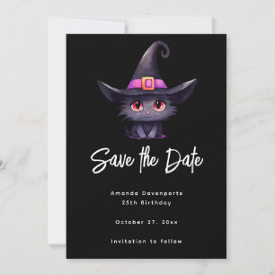 Save The Date Chat noir mignon portant un Casquette de sorcière