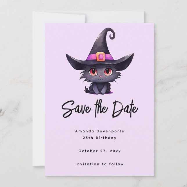 Save The Date Chat noir mignon portant un Casquette de sorcière (Devant)
