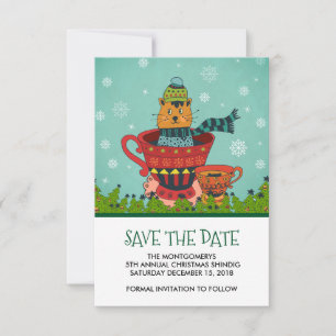 Save The Date Chat Whimsical assis dans un thé Noël
