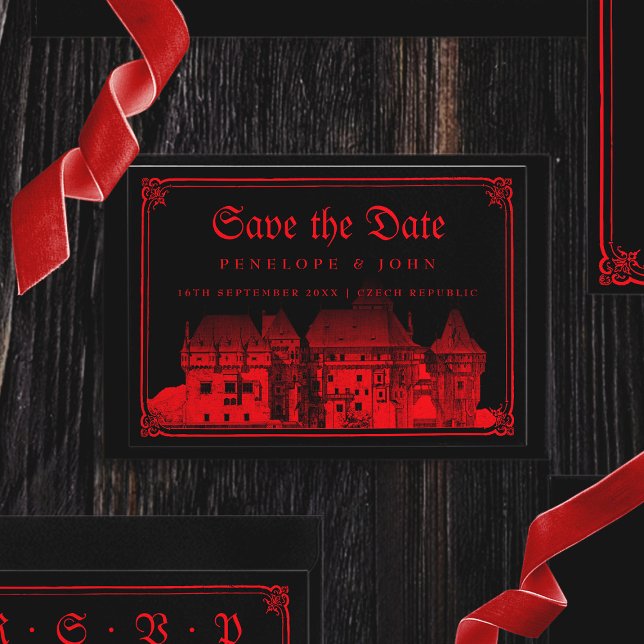 Save The Date Château gothique Vampire Bordure Mariage rouge noi (Gothic Vampire Castle Border Black Red Wedding Save The Date)