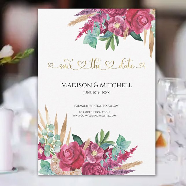 Save The Date Chaud rose Magenta Floral Élégant Gold Script Coeu (Créateur téléchargé)