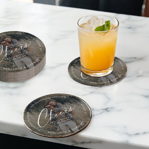 Save the Date Cheer! Free Drinks & A Wedding Photo Round Paper Coaster