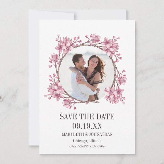 Save The Date Cherry Blossom Floral Wreath Photo Enregistrer La  (Devant)