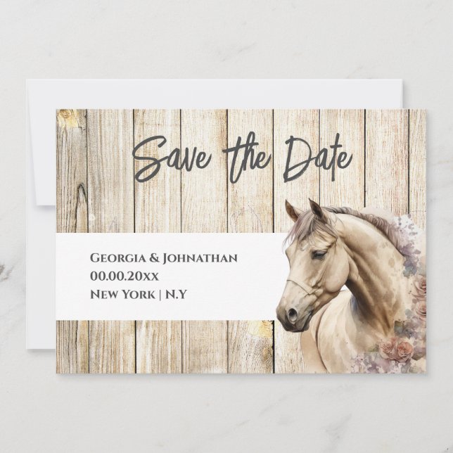 Save The Date Cheval aquarelle bois rustique grange de campagne (Devant)