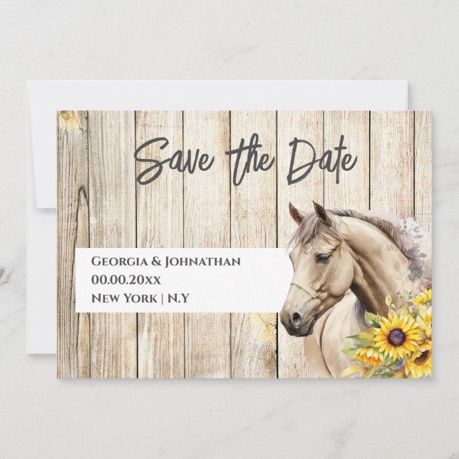 Save The Date Cheval aquarelle tournesol rustique chic western (Devant)