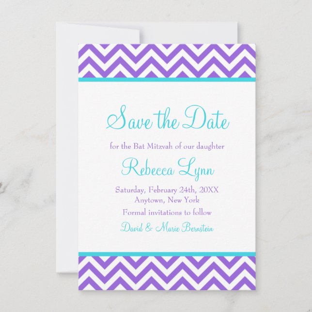 Save The Date Chevron Purple Turquoise Blue Bat mitzvah Enregist (Devant)