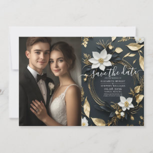 Save The Date Chic Black White Gold Floral Wreath Mariage Photo