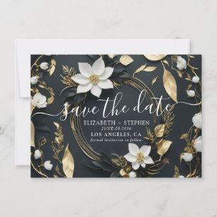 Save The Date Chic Black White Gold Floral Wreath Mariage Photo