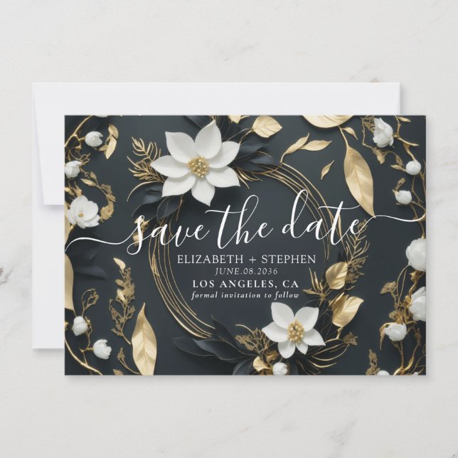 Save The Date Chic Black White Gold Floral Wreath Mariage Photo (Devant)