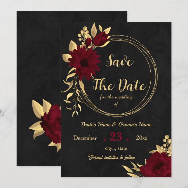 Save The Date Chic bordeaux et or noir (Devant / Derrière)