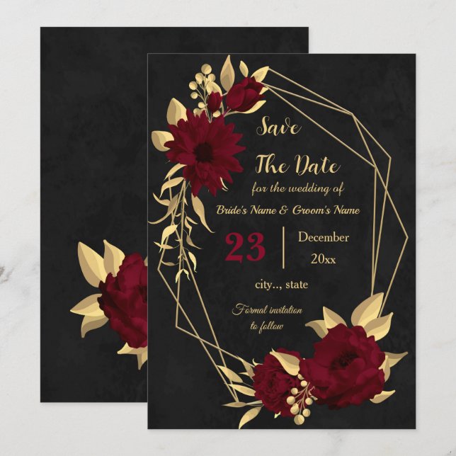 Save The Date Chic bordeaux et or noir géométrique (Devant / Derrière)