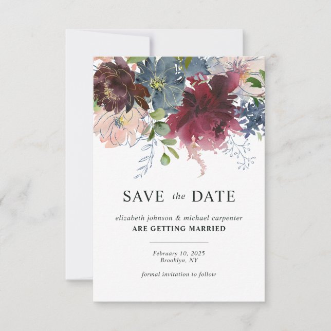 Save The Date Chic Bourgogne Bleu Poussiéreux Fleurs Aquarelle M (Devant)