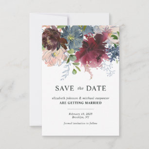 Save The Date Chic Bourgogne Bleu Poussiéreux Floral Aquarelle M