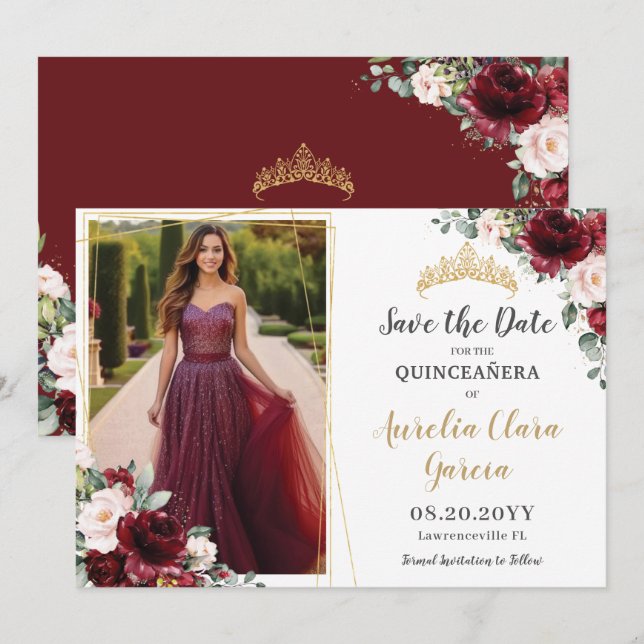 Save The Date Chic Burgundy Blush Pink Floral Quinceanera Photo (Devant / Derrière)