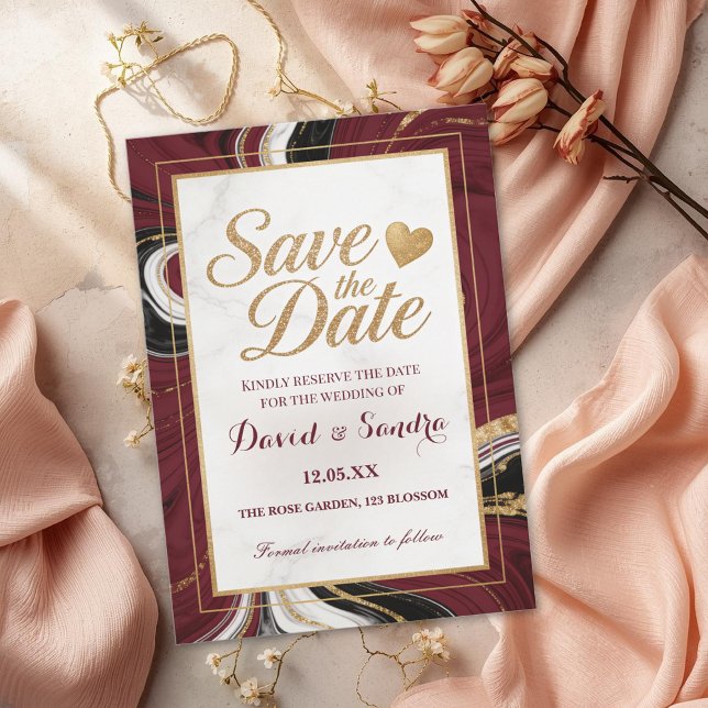 Save The Date Chic Burgundy Gold Agate Marble Modern Wedding  (Créateur téléchargé)