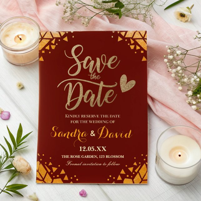 Save The Date Chic Burgundy Gold parties scintillant Moderne Mar (Créateur téléchargé)
