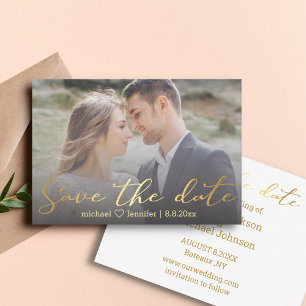 save the date chic calligraphy gold wedding photo card
