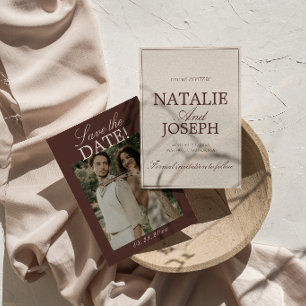 Save The Date Chic Chocolat Brun Vieil Argent Photo Mariage Écon