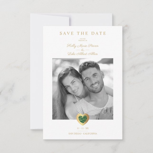 Save The Date Chic Dark Green & Gold Heart Photo Couple Mariage (Devant)