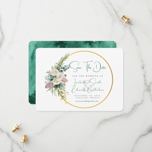 Save The Date Chic Emerald Green Aquarelle Or & Cadre Floral (Devant/Arrière en situation)