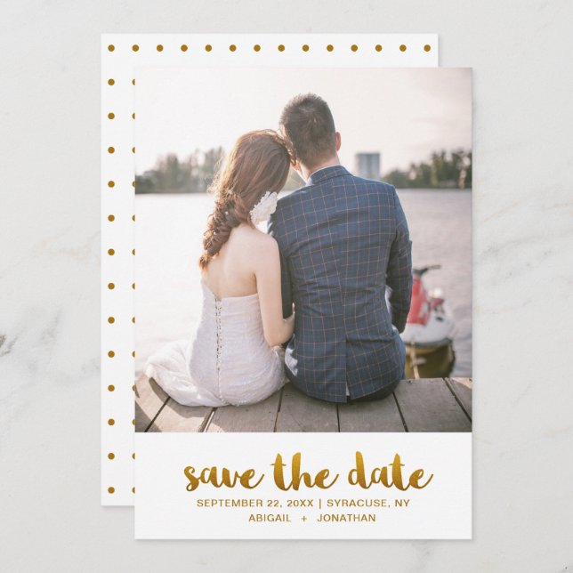 Save The Date Chic Faux Gold Script avec Dots Photo (Devant / Derrière)