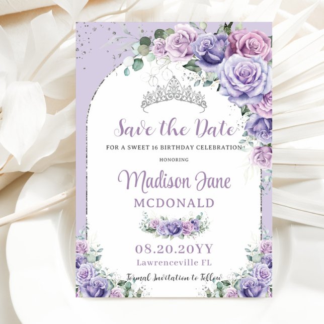 Save The Date Chic Fleur Mauve Violet Floral Douce 16 Argent Ann (Créateur téléchargé)