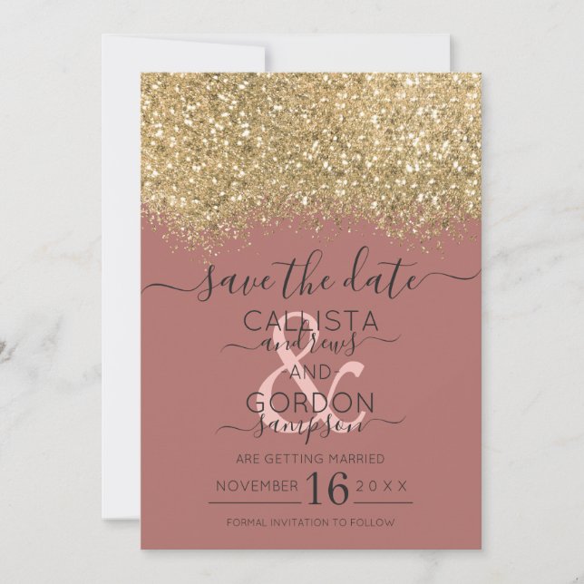 Save The Date Chic Gold Dusty Rose Parties scintillant Confetti  (Devant)