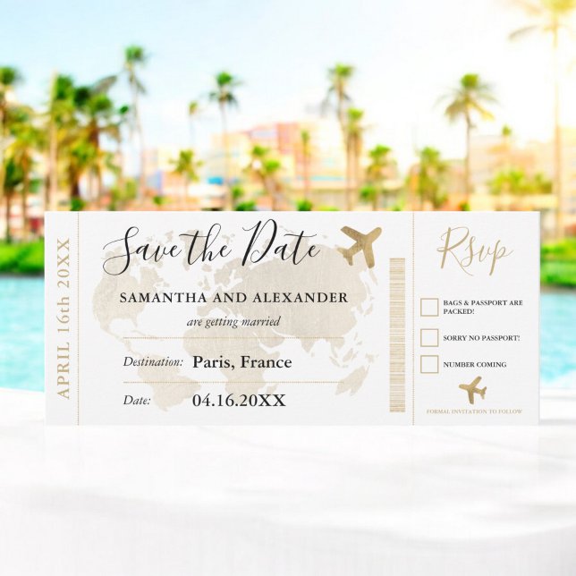 Save the date chic gold world map boarding pass (Save the date chic gold world map boarding pass)