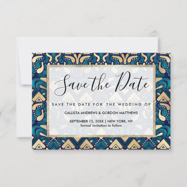 Save The Date Chic Hipster Gold Emerald Blue Tribal Artsy Damask (Devant)