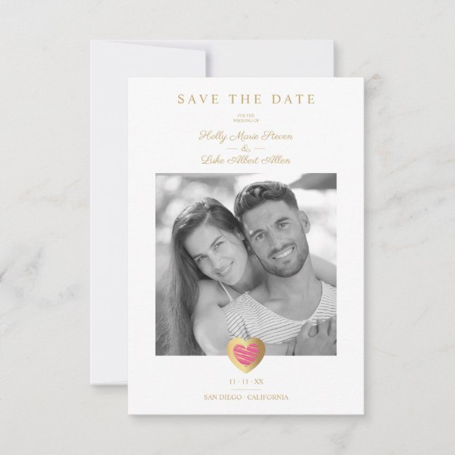 Save The Date Chic Hot Pink & Gold Heart Photo Couple Wedding (Devant)