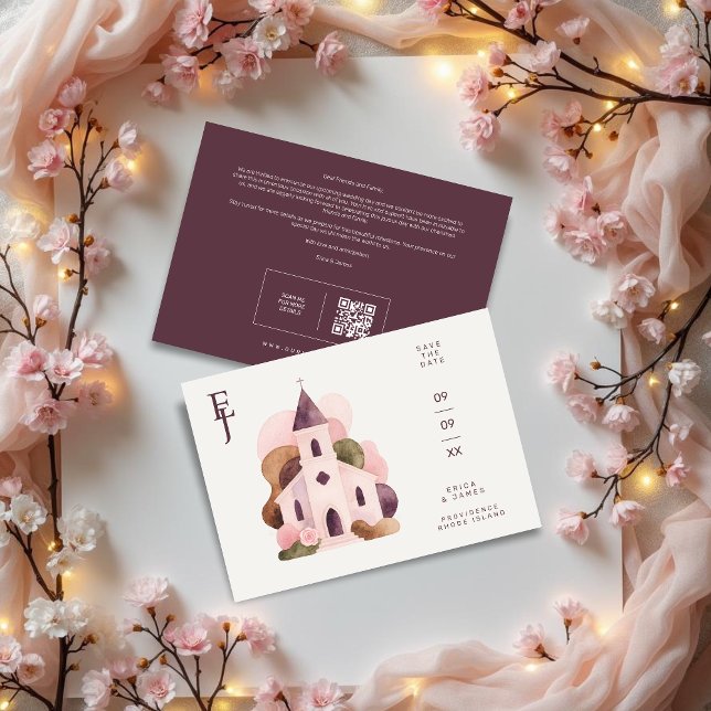 Save The Date Chic Lovely Rustic Pink Tones Church Wedding (Chic Lovely Rustic Pink Tones Church Illustration Wedding Save the Date with Initials and Back QR.)