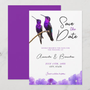 Save The Date Chic Mariage de colibris et de pétales violets