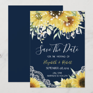 Save The Date Chic Mason Jar, dentelle, Sunflowers Navy Blue