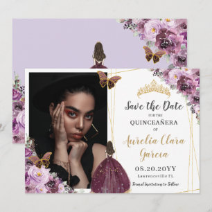 Save The Date Chic Mauve Plum Purple Floral Quinceañera Photo Sa