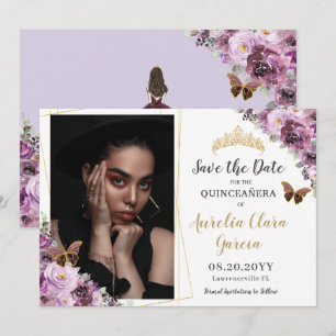 Save The Date Chic Mauve Plum violet Floral Quinceañera Photo