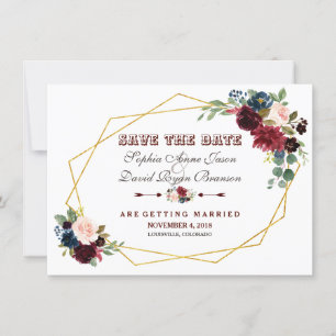 Save The Date ChIc Merlot Navy Blue Floral Gold Frame