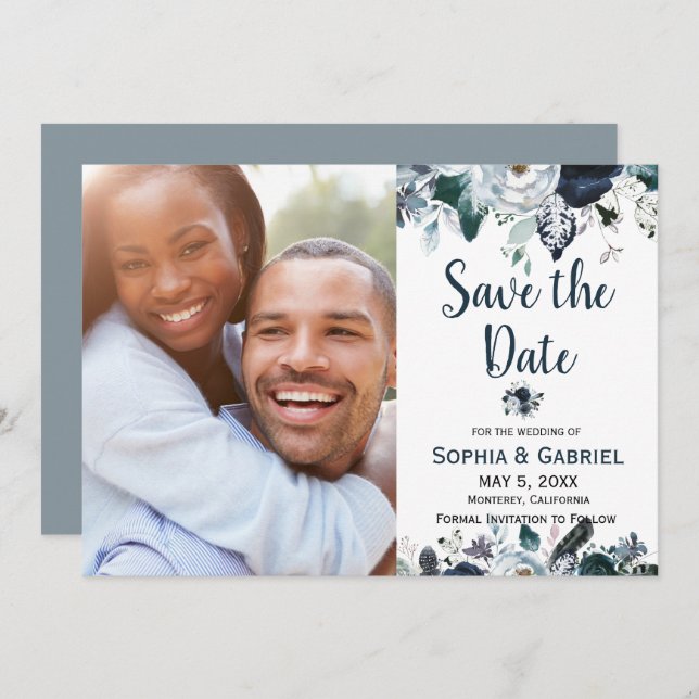 Save The Date Chic Navy Bleu Fleurs Blanches Mariage Enregistrer (Devant / Derrière)
