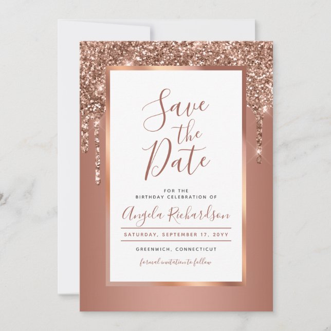 Save The Date Chic Rose Gold Parties scintillant Drivers Anniver (Devant)