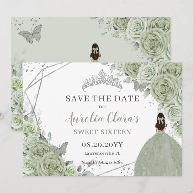 Save The Date Chic Sage Green Floral Quinceanera Sweet sixteen (Devant / Derrière)