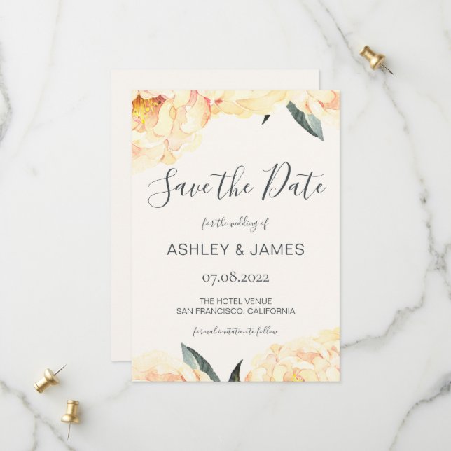 Save The Date Chic Summer Yellow Peony Calligraphie Enregistrer  (Devant/Arrière en situation)