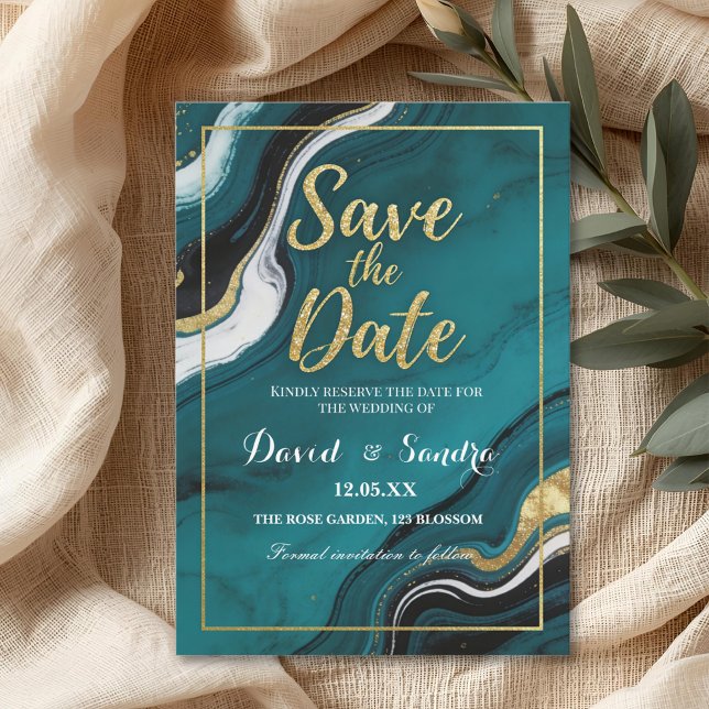 Save The Date Chic Teal Gold Agate Marble Modern Wedding  (Créateur téléchargé)