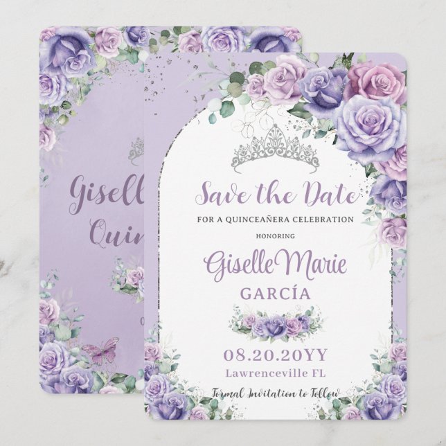 Save The Date Chic violet Lilac Floral Quinceañera Arc Argent (Devant / Derrière)