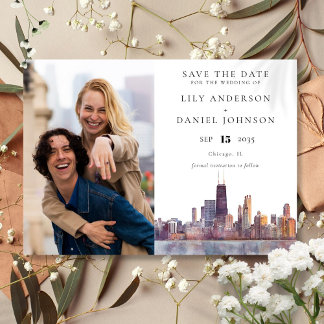 Save The Date Chicago Skyline Watercolor Photo Wedding