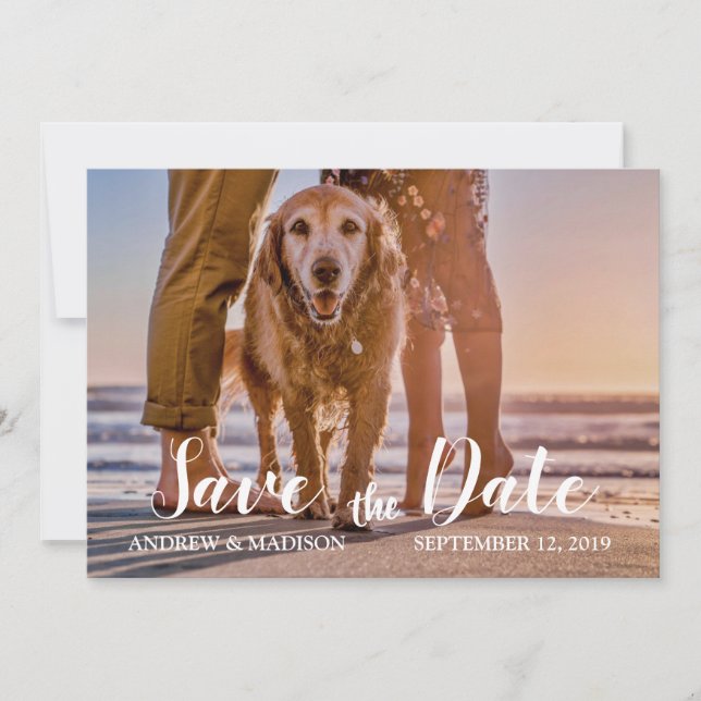Save The Date Chien sur la plage avec deux couples Enregistrer l (Devant)
