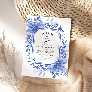 Save The Date Chinoiserie Florale de Porcelaine Bleue